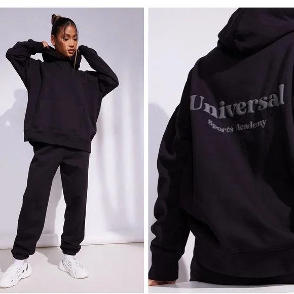 PLT Premium Coal Black Sports Academy Puff Print Oversized Hoodie Black NWT